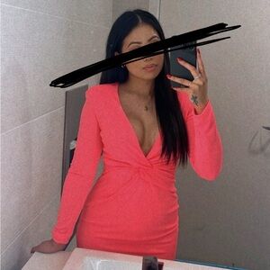 ZARA Low Cut Long Sleeve Dress - Bright Pink